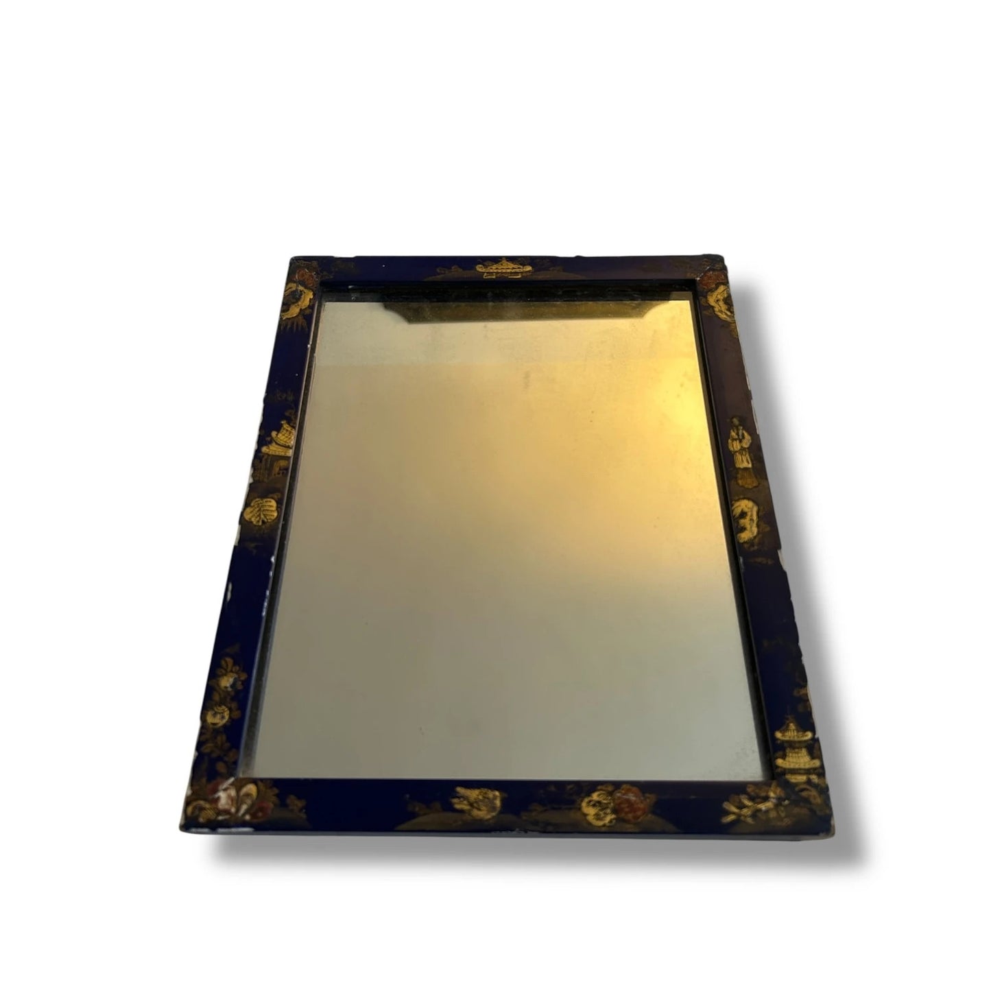 Antique Chinoiserie Mirror | Blue & Gold Gilt Painted Rectangular Wall Mirror