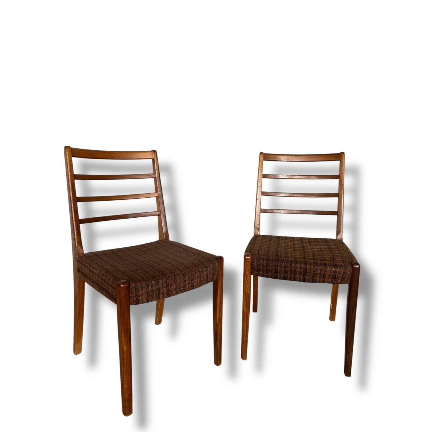 Pair of Vintage Danish Dining Chairs – Mid Century Modern Ladder Back Chairs with Plaid Upholstery