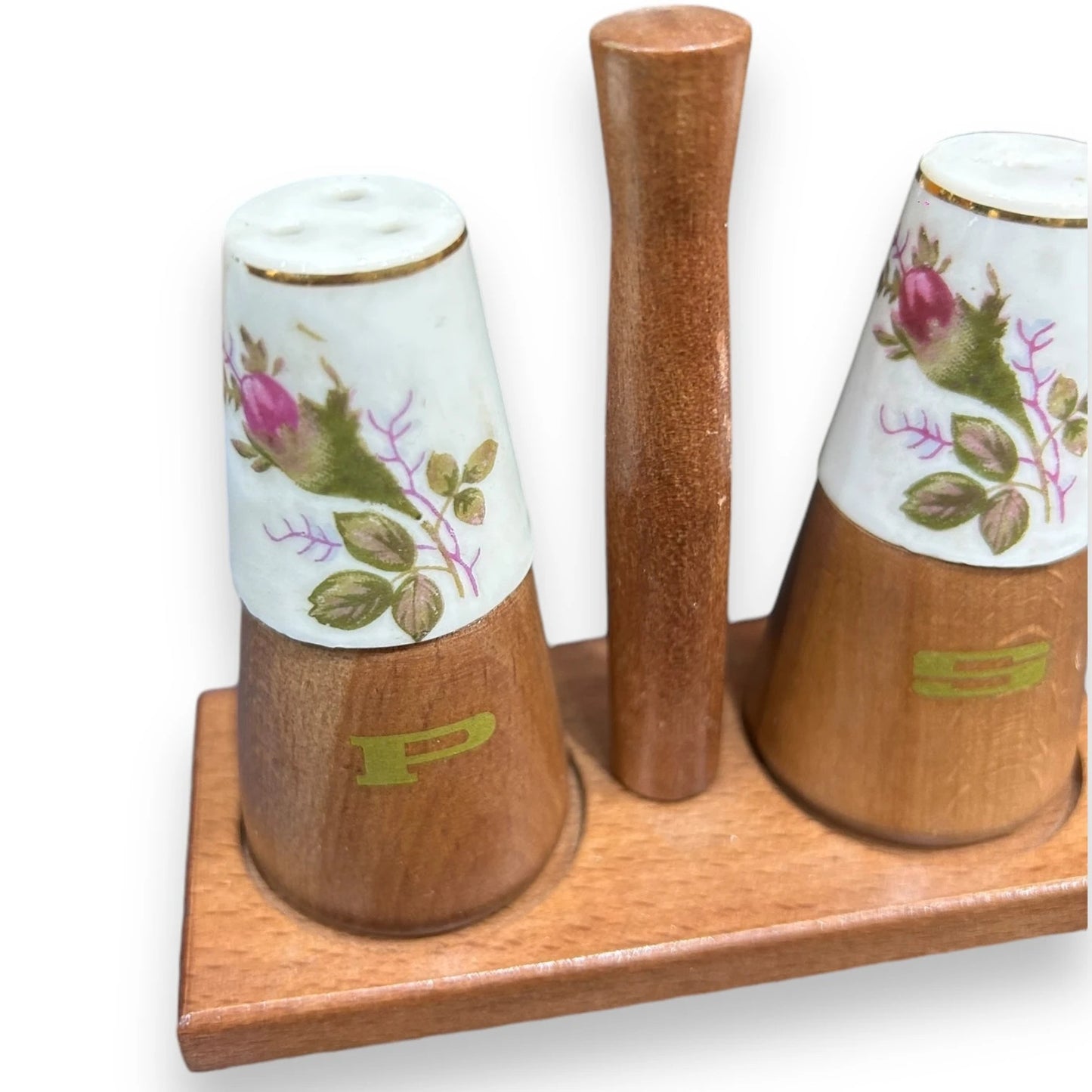 Mid century wood and porcelain salt and pepper shakers cruet set