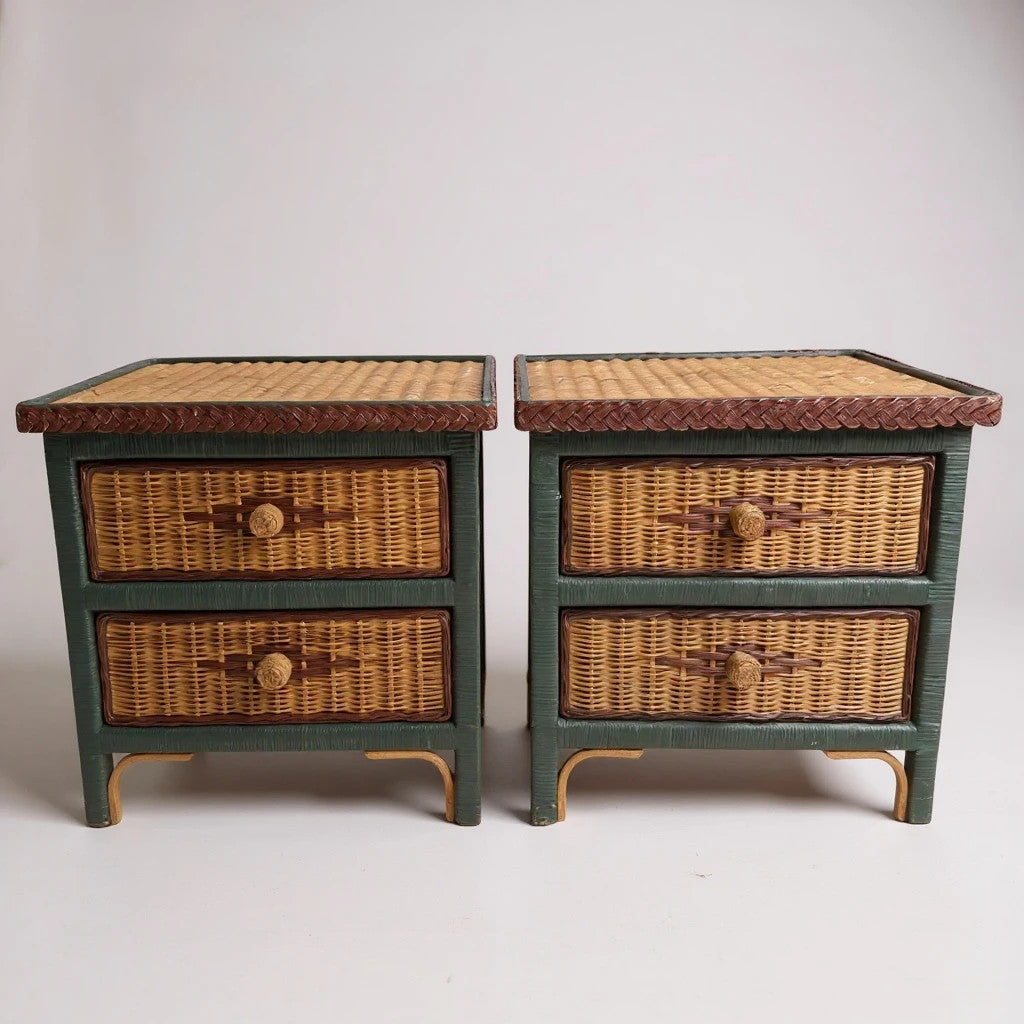 Pair of Vintage Wicker & Rattan Bedside Tables – Boho Nightstands