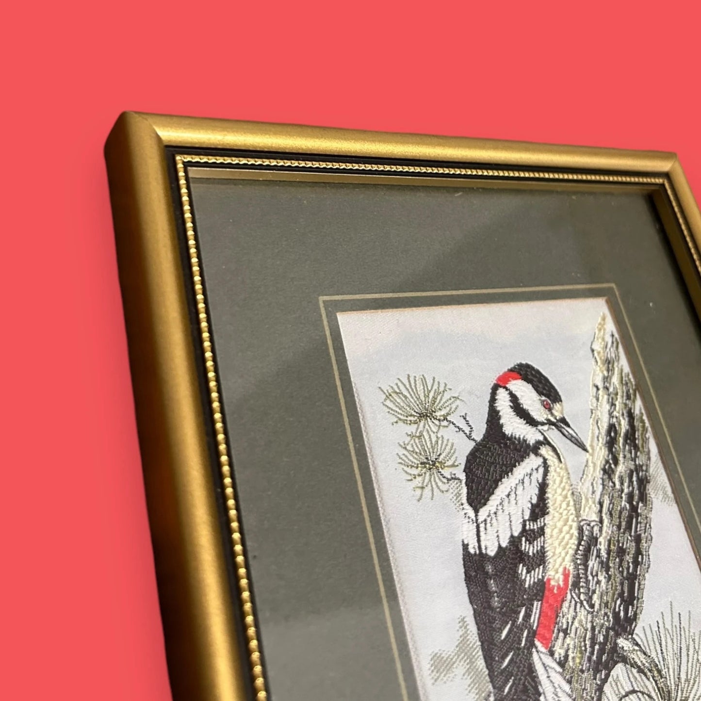Vintage 1970s Woodpecker Bird Silk Picture