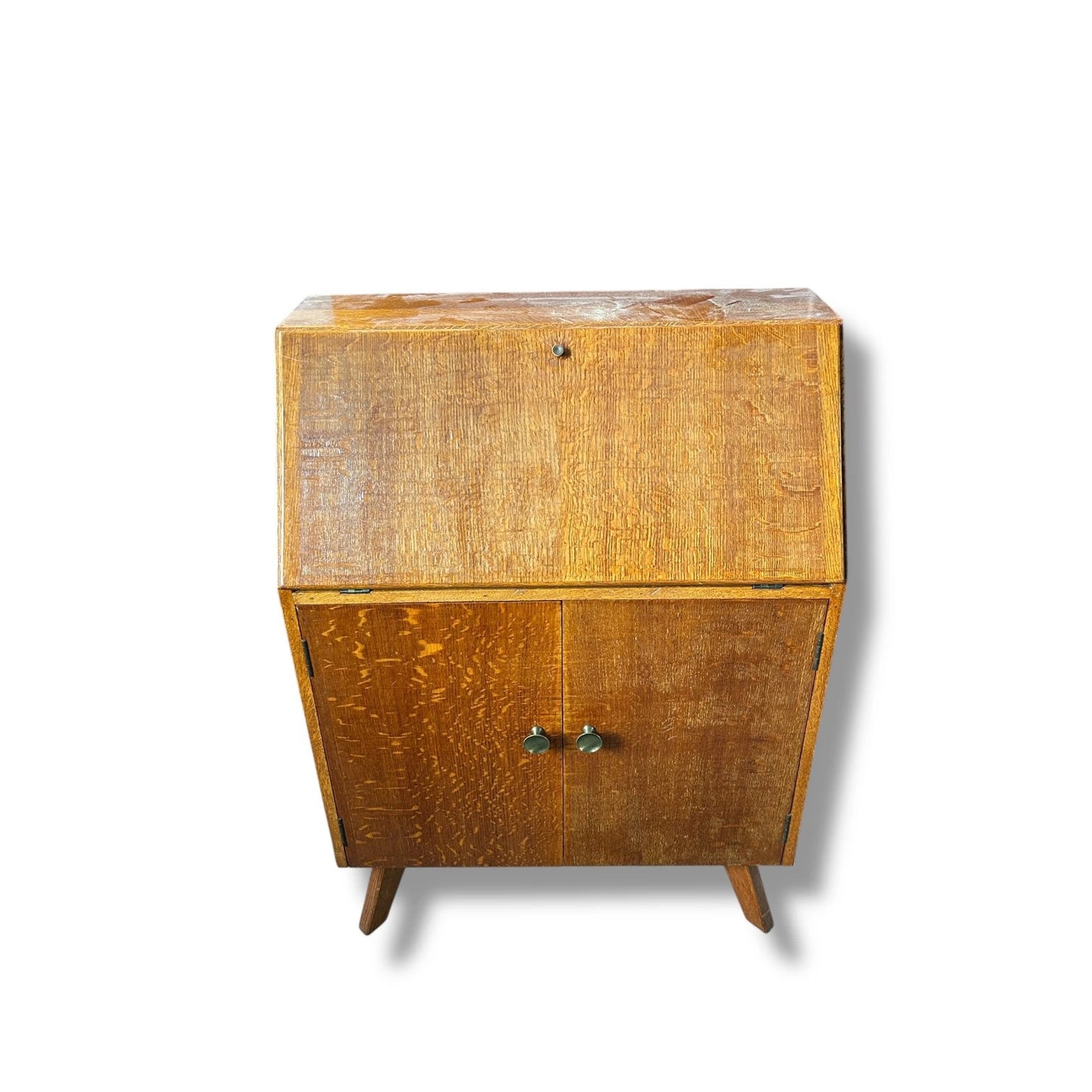 Mid Century Modern Oak Bureau Desk Cabinet | Vintage Drop-Front Writing Desk with Storage Drawers