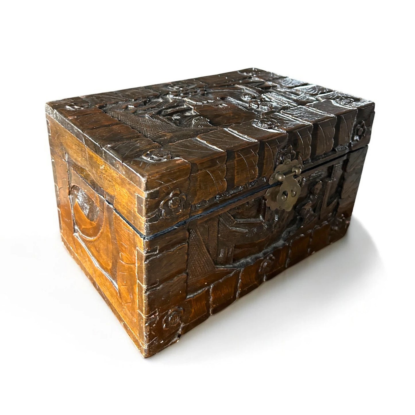 Mid Century Chinese Carved Camphor Wood Sewing Box