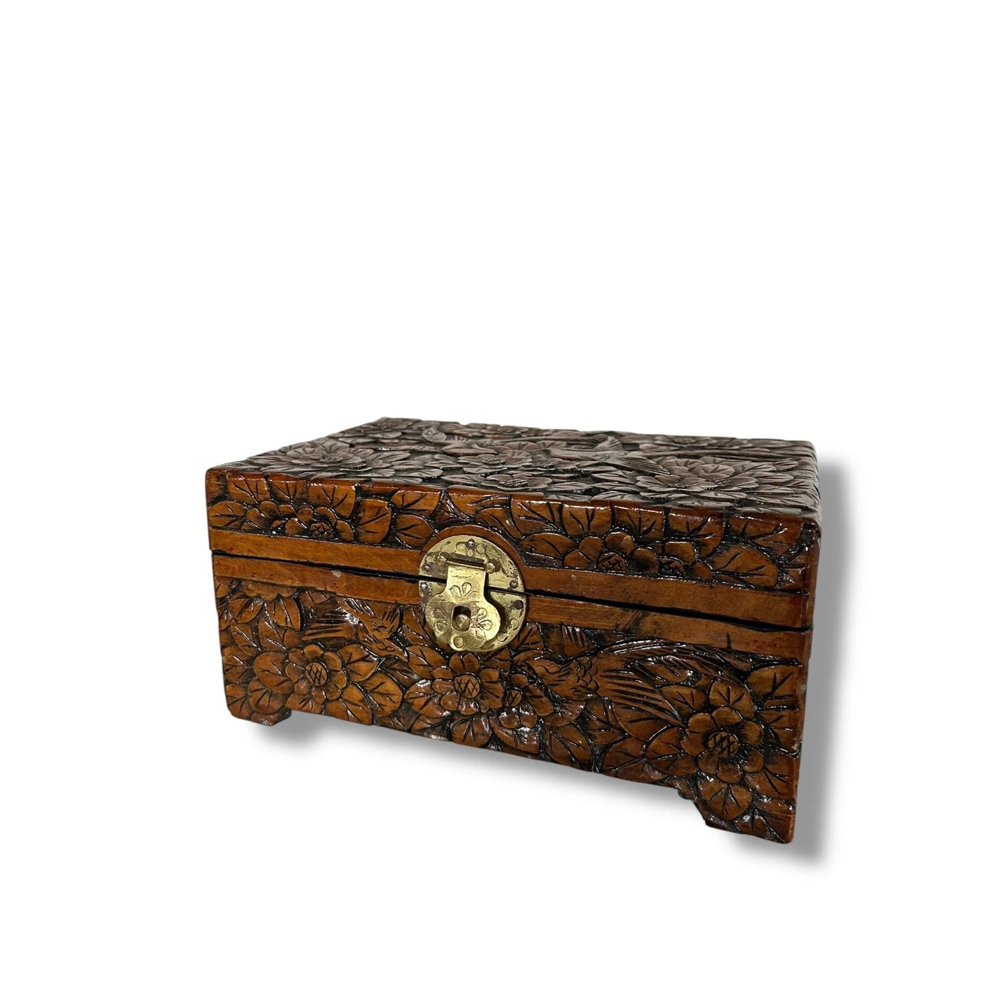 Vintage Hand-Carved Wooden Jewelry Box with Brass Clasp