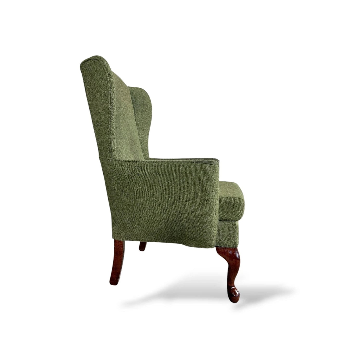 Vintage Green Upholstered Wingback Armchair with Cabriole Legs