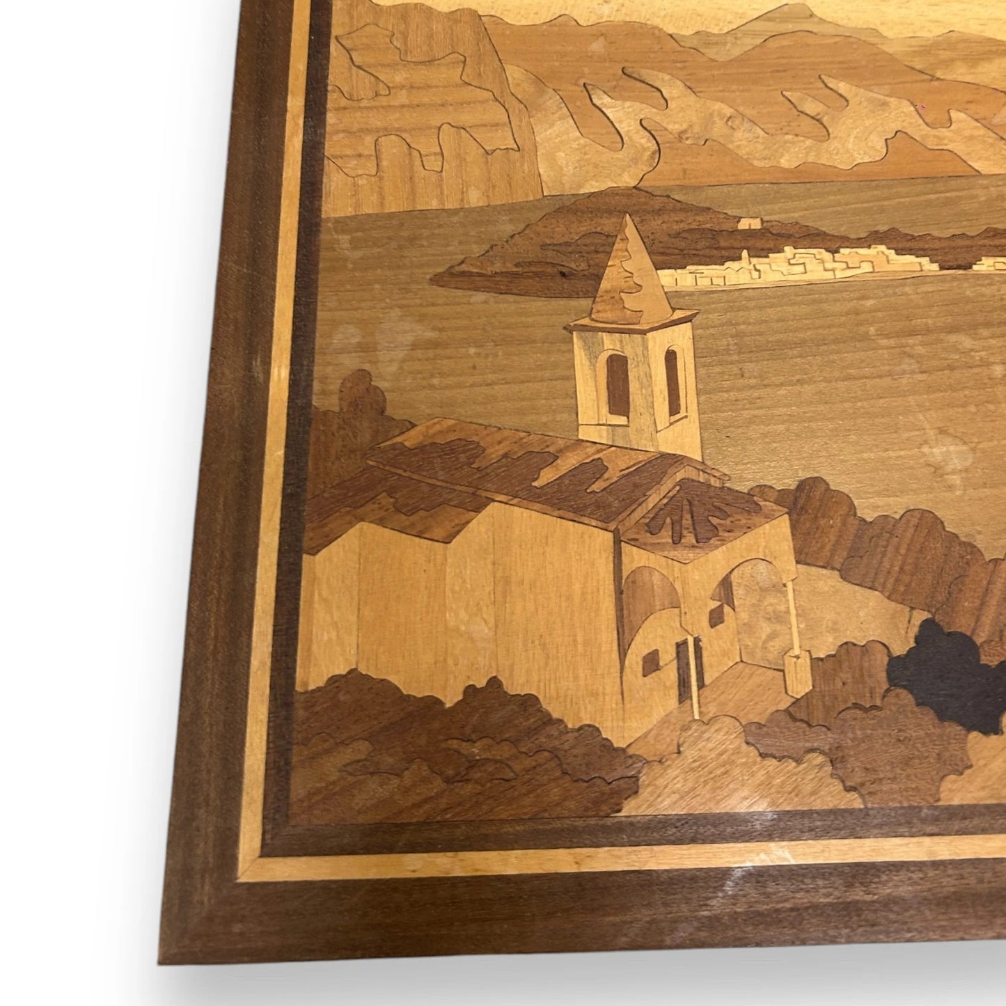 Mid century wood marquetry landscape picture