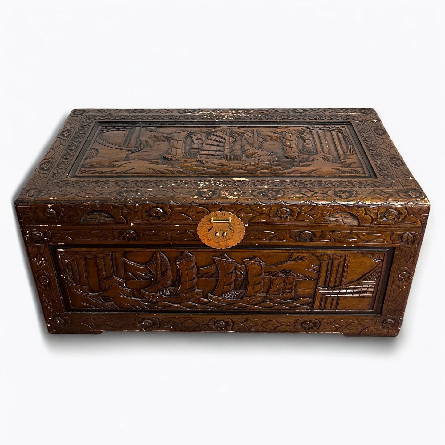 Mid Century Modern Chinese Camphor Wood Carved Storage Treasure Chest