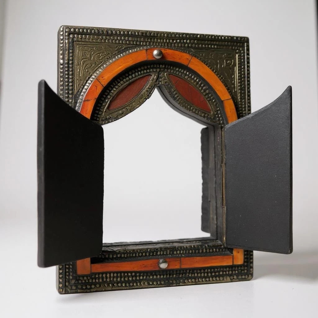 Vintage 1970s Brass and Bone Moroccan Window Mirror
