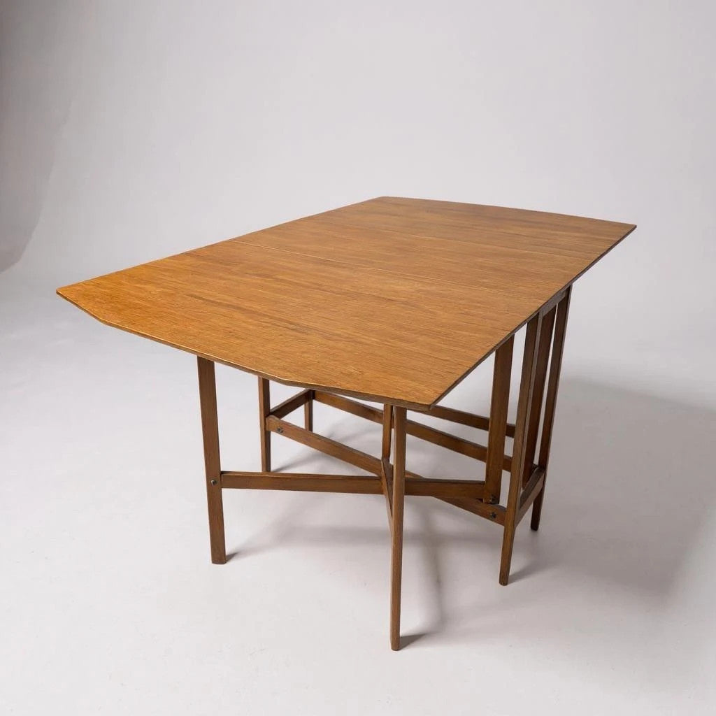 Mid Century Modern Teak Wood Lacquered Drop Leaf Extending Dining Table