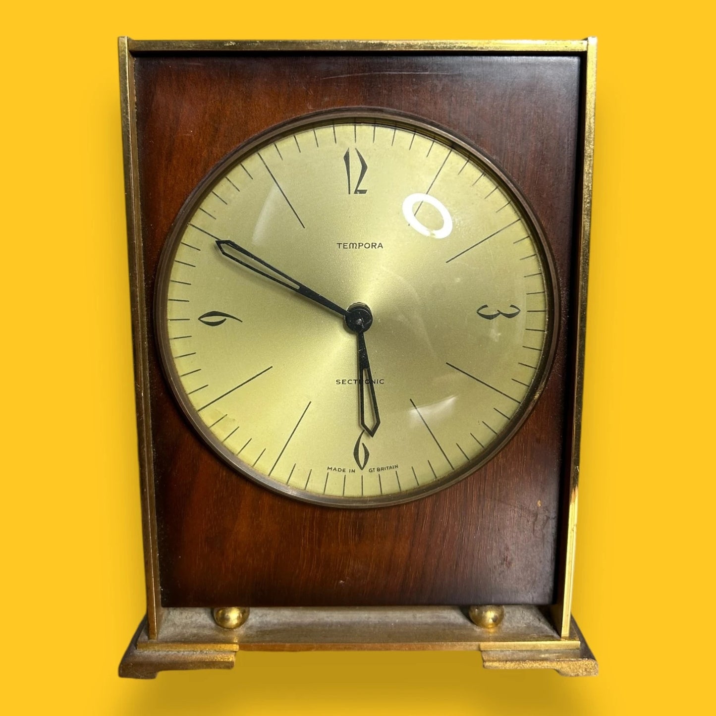 Mid Century Brass and Wood Tempora Table Clock