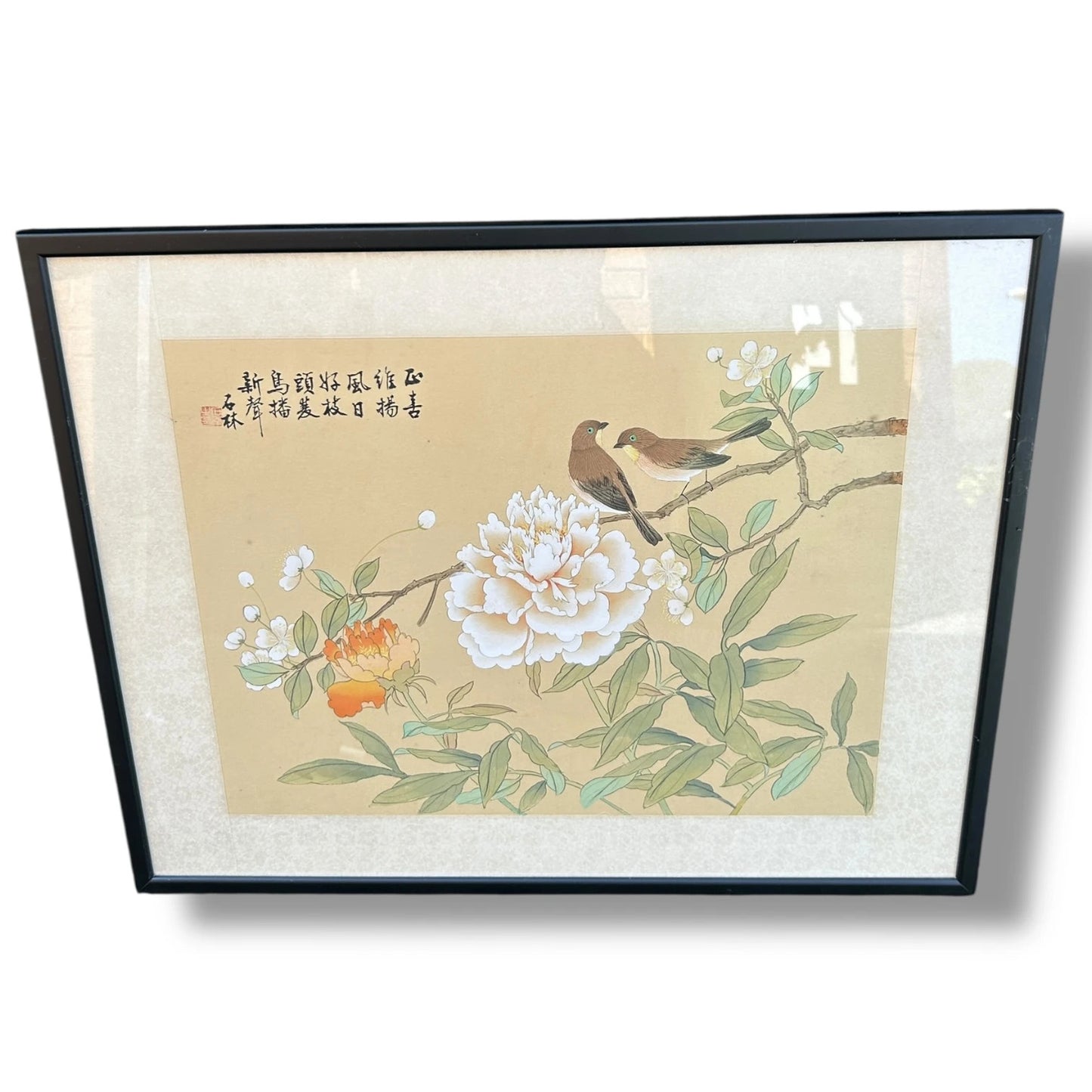 Vintage 1960s Chinese Birds Nature Silk Art Framed Painting