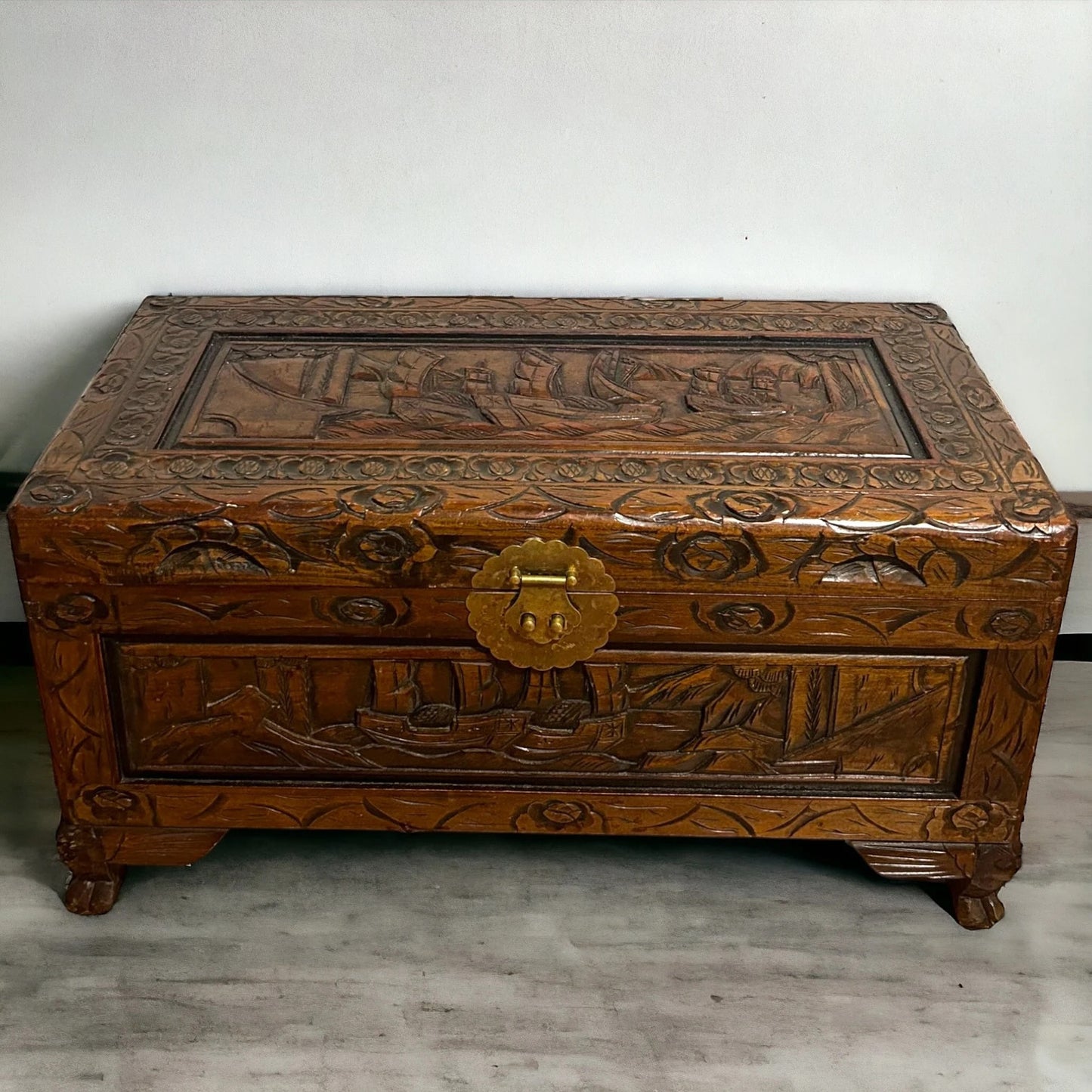 Antique Chinese Carved Camphor Wood Trunk Chest