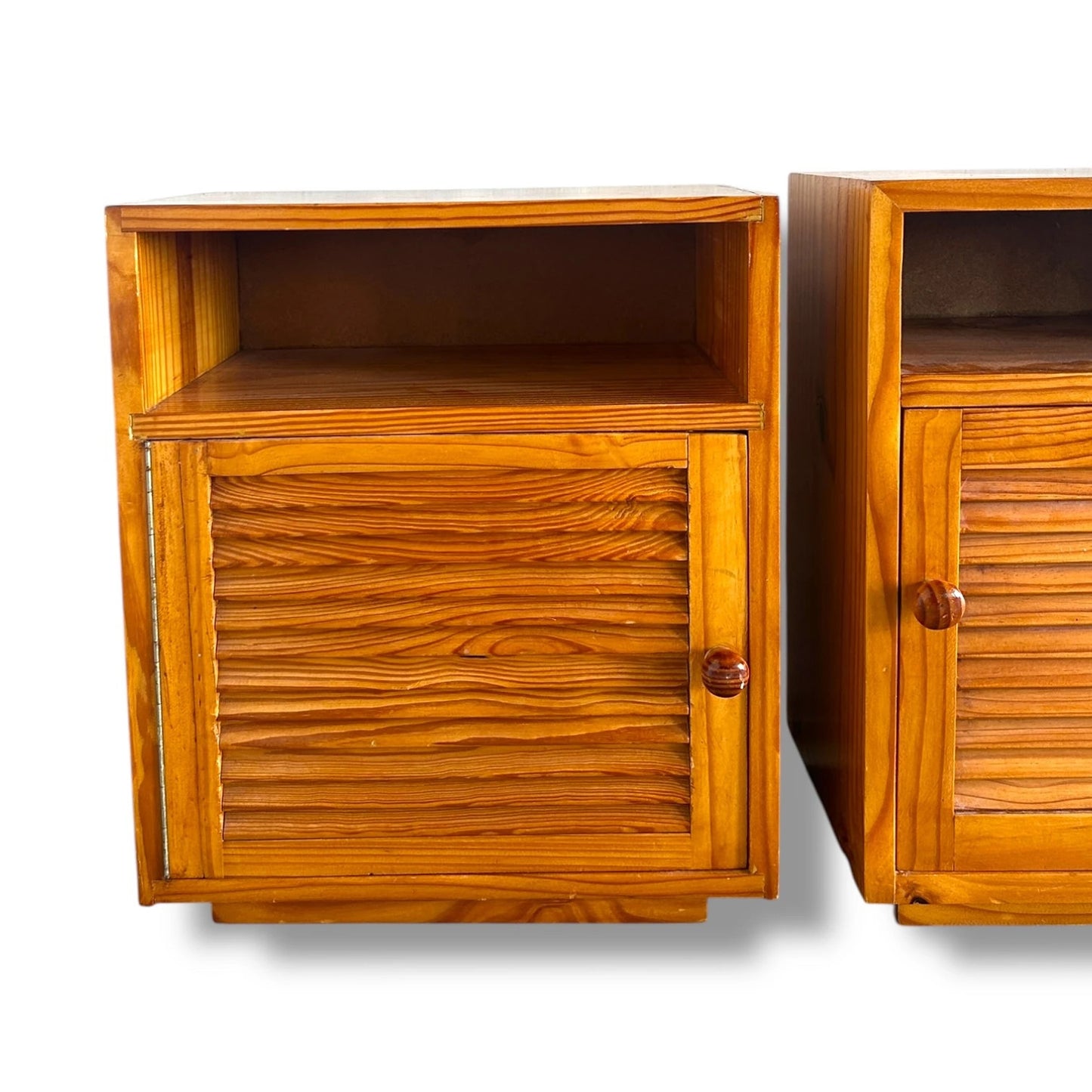 Mid Century Modern Pair of Teak Wood Slatted Bedside Cabinets