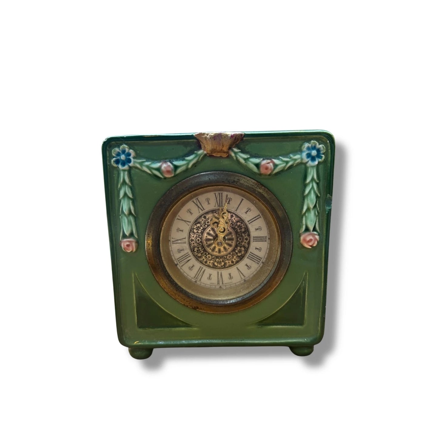 Vintage West German Mantel Clock | Green Ceramic Floral Table Clock