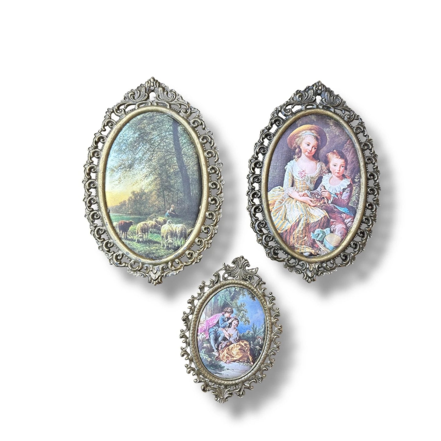 Vintage 1970s Victorian Silk Art Trio in Rococo Gilt Frames | Set of 3 Ornate Silk Textiles