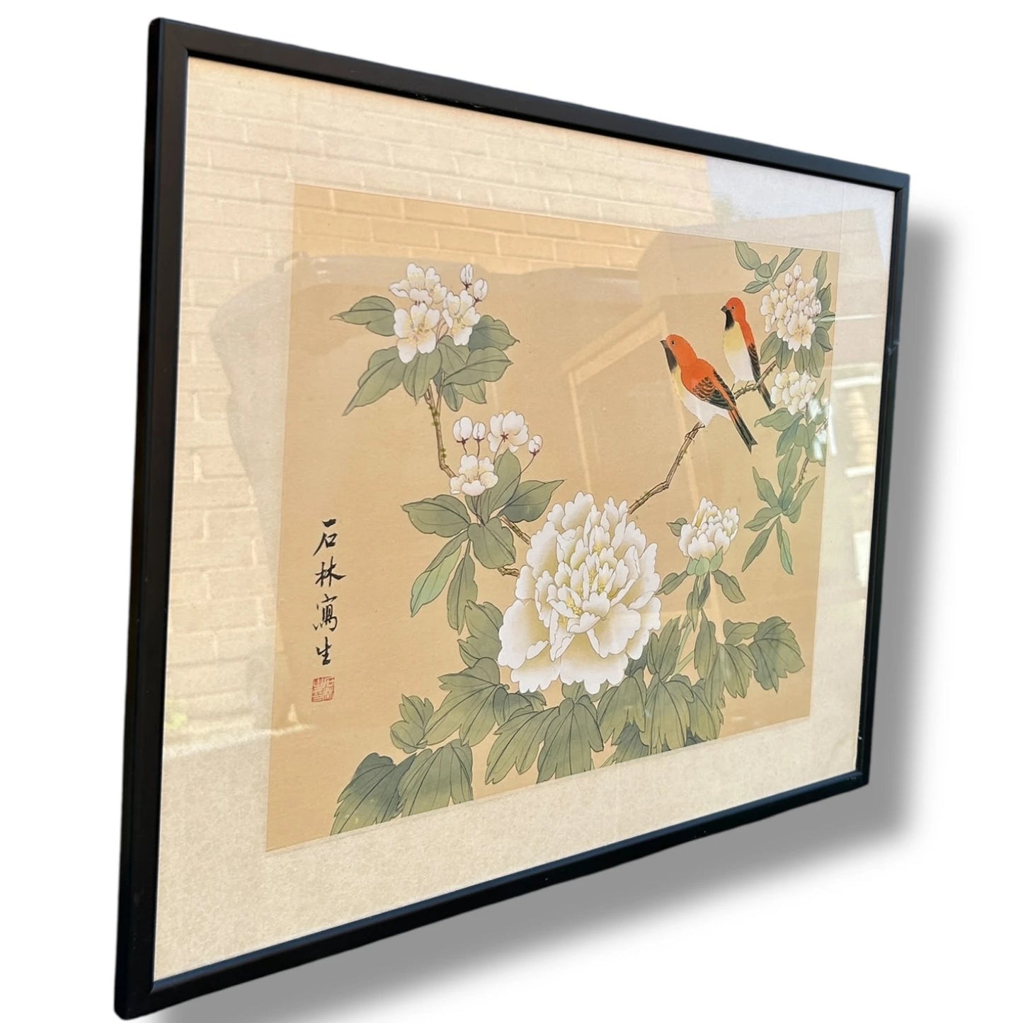 Vintage 1960s Chinese Birds Nature Floral Silk Art Framed Painting