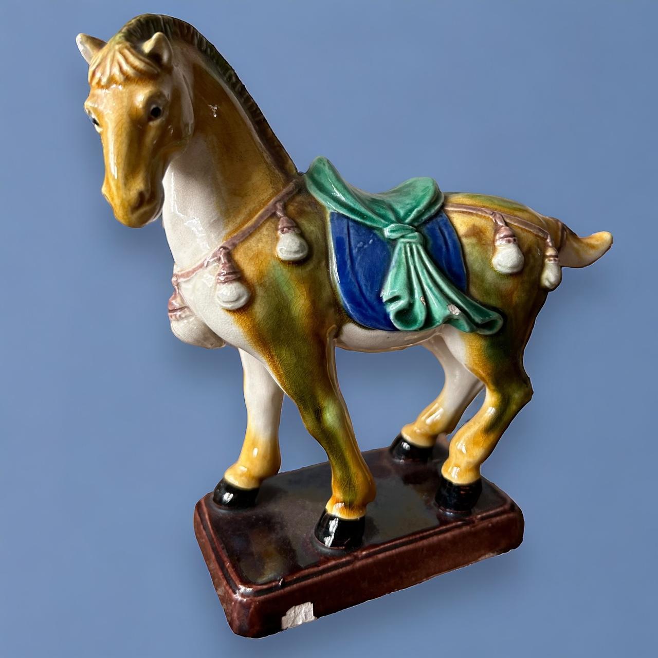 Vintage 1970s Tang Dynasty Style War Horse Ceramic Figurine