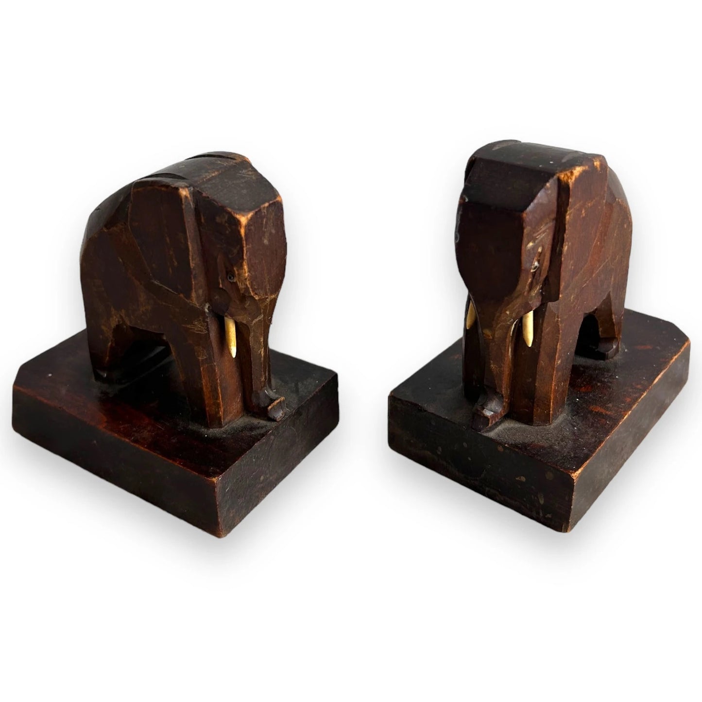 Mid century carved wood elephant bookends