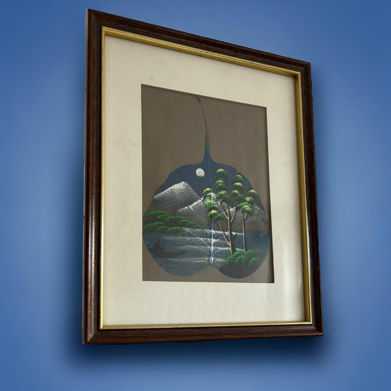 Vintage 1970s Hand Painted Leaf Framed Art