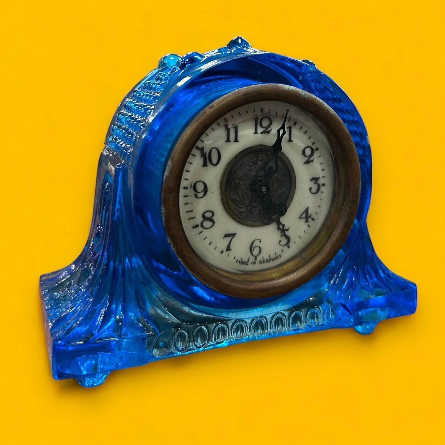 Vintage 1950s Blue Glass Crystal Table Clock