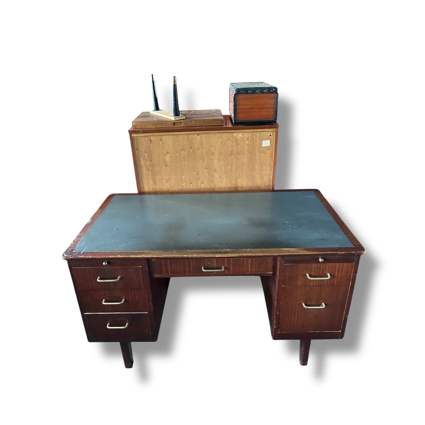 Mid Century Modern Leather-Top Wood Office Desk | Vintage Executive Desk with Sliding Inserts