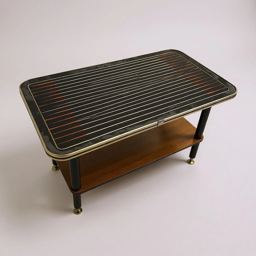 Mid-Century Formica Coffee Table with Brass Feet & Walnut Shelf, 1960s Retro