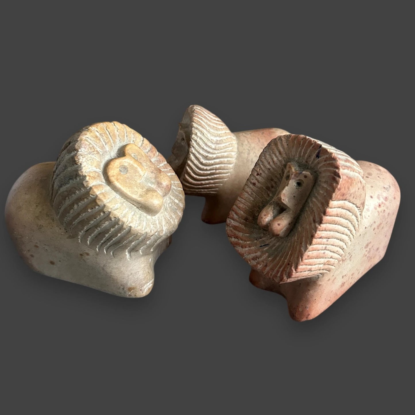 Mid Century Soapstone Set of 3 Lion Sculptures
