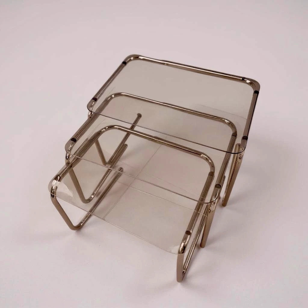Mid Century Smoked Glass and Chrome Tubular Nest of Tables