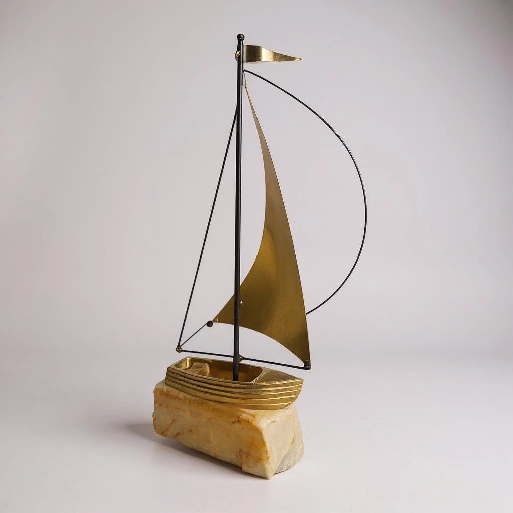 Mid Century Modern Onyx Mounted Brass Boat Sculpture