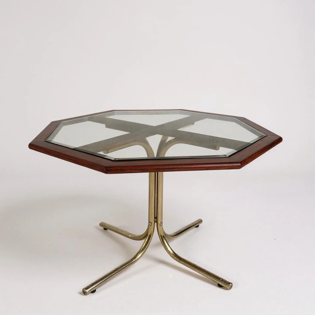 Mid Century Modern Italian Octagonal Smoked Glass Brass and Teak Dining Table