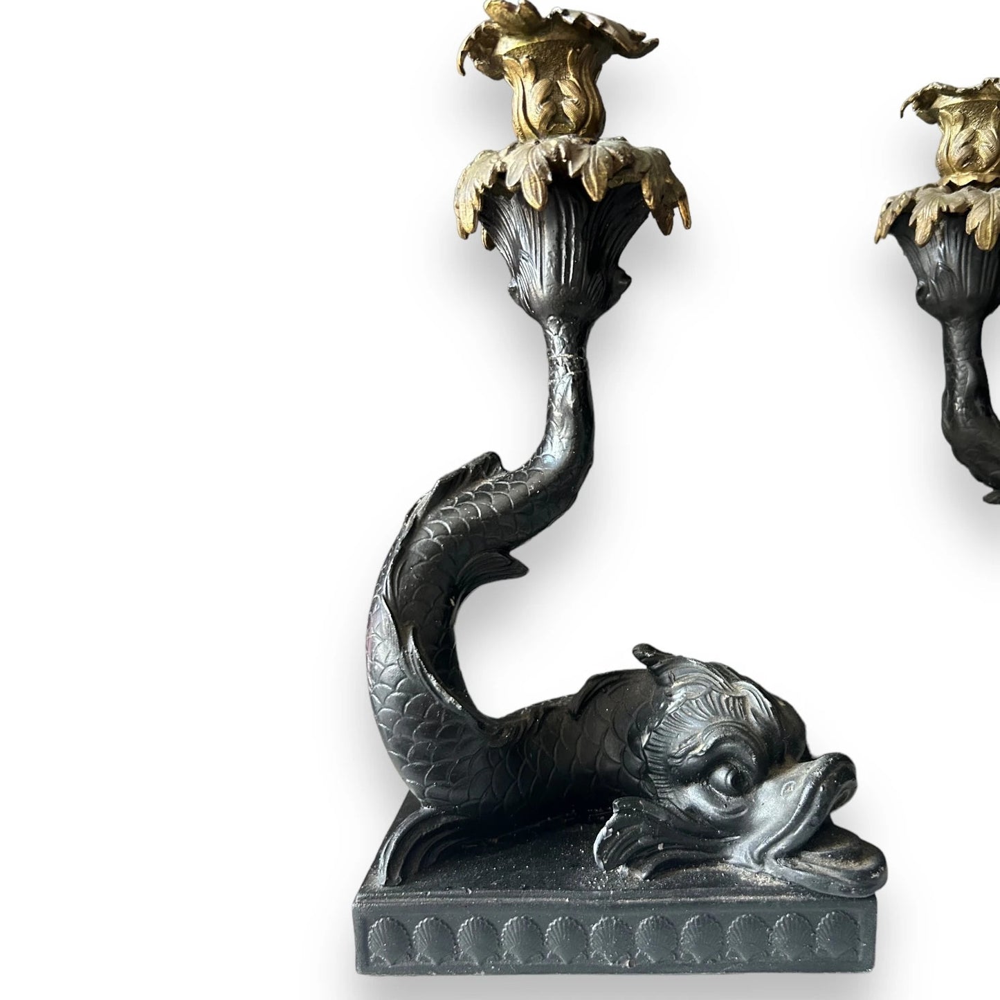 Vintage Pair of Black Basalt Wedgwood Dolphin Candlesticks