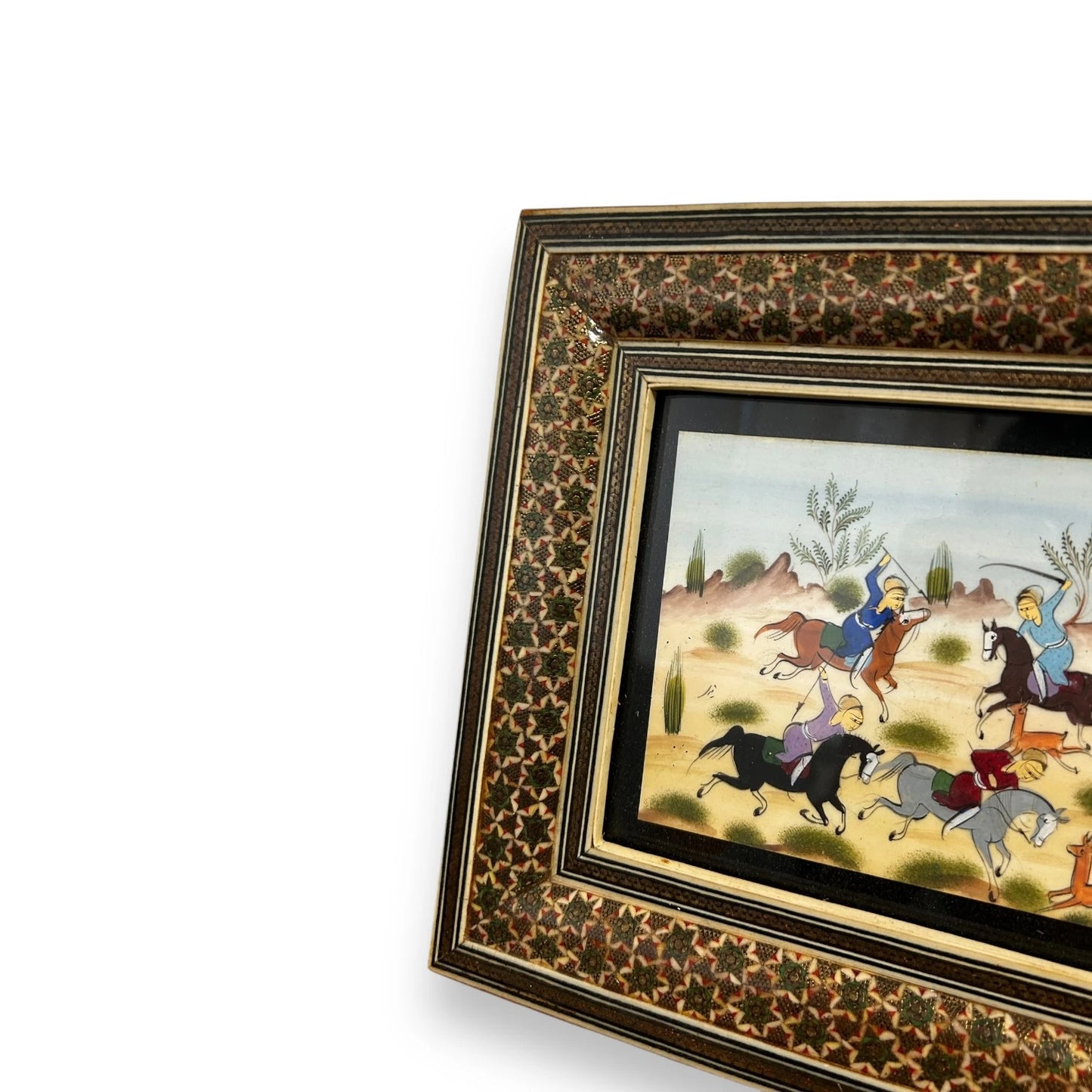 Vintage 1960s Persian Khatam Mosaic Watercolour Framed Painting