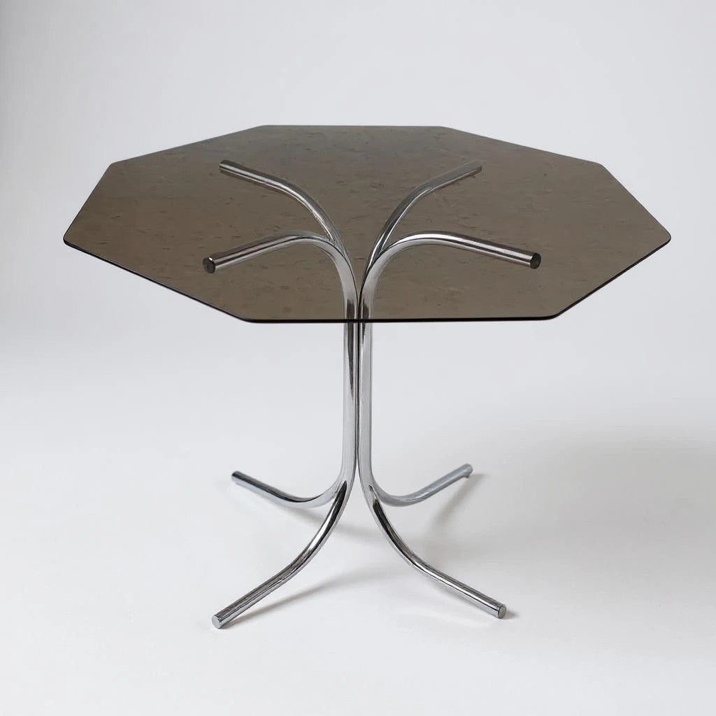 Mid Century Modern Hexagonal Dining Table | Smoked Glass & Chrome Base
