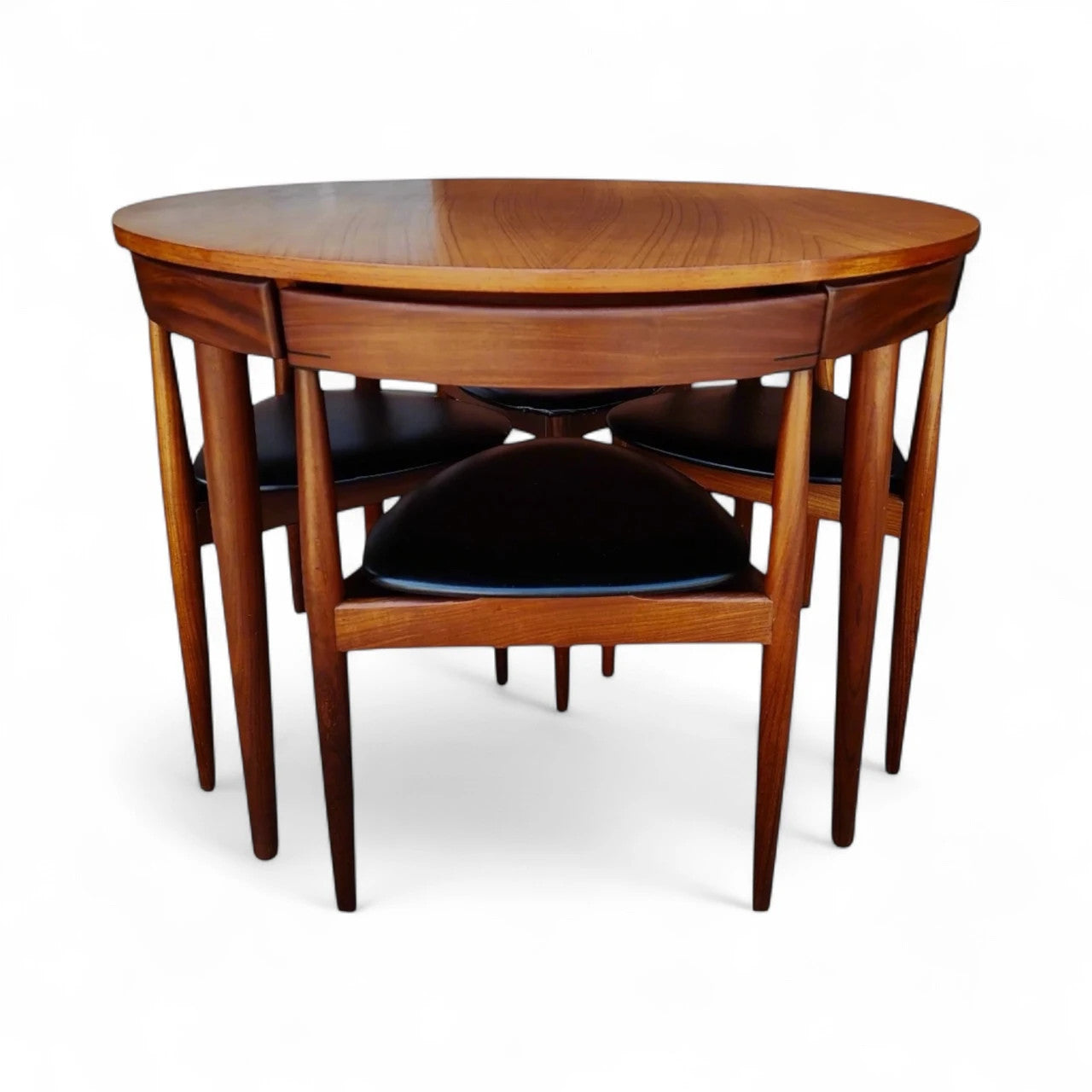 Hans Olsen Frem Røjle Roundette Dining Set | Danish Teak Table & 4 Three-Legged Chairs