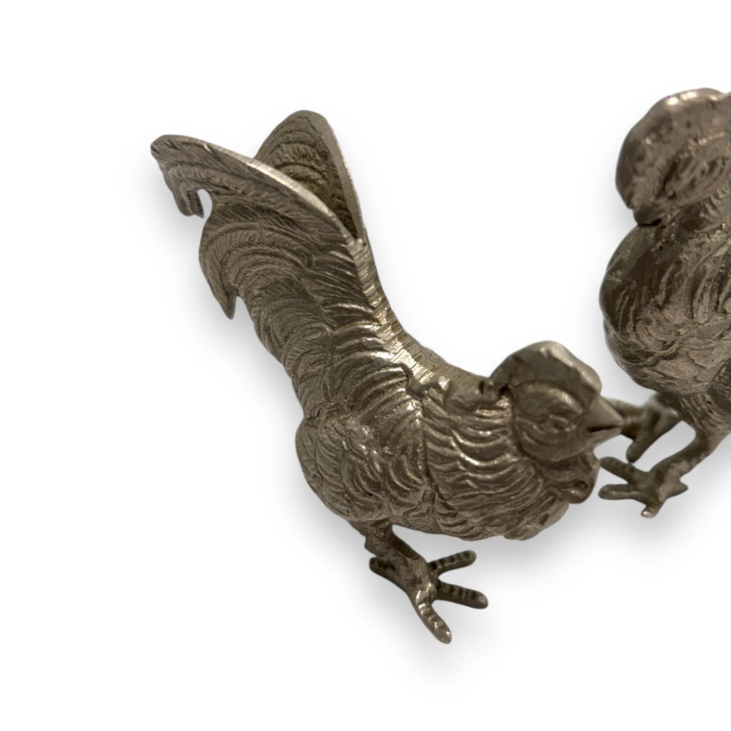 Mid Century Silver Fighting Roosters Sculptures