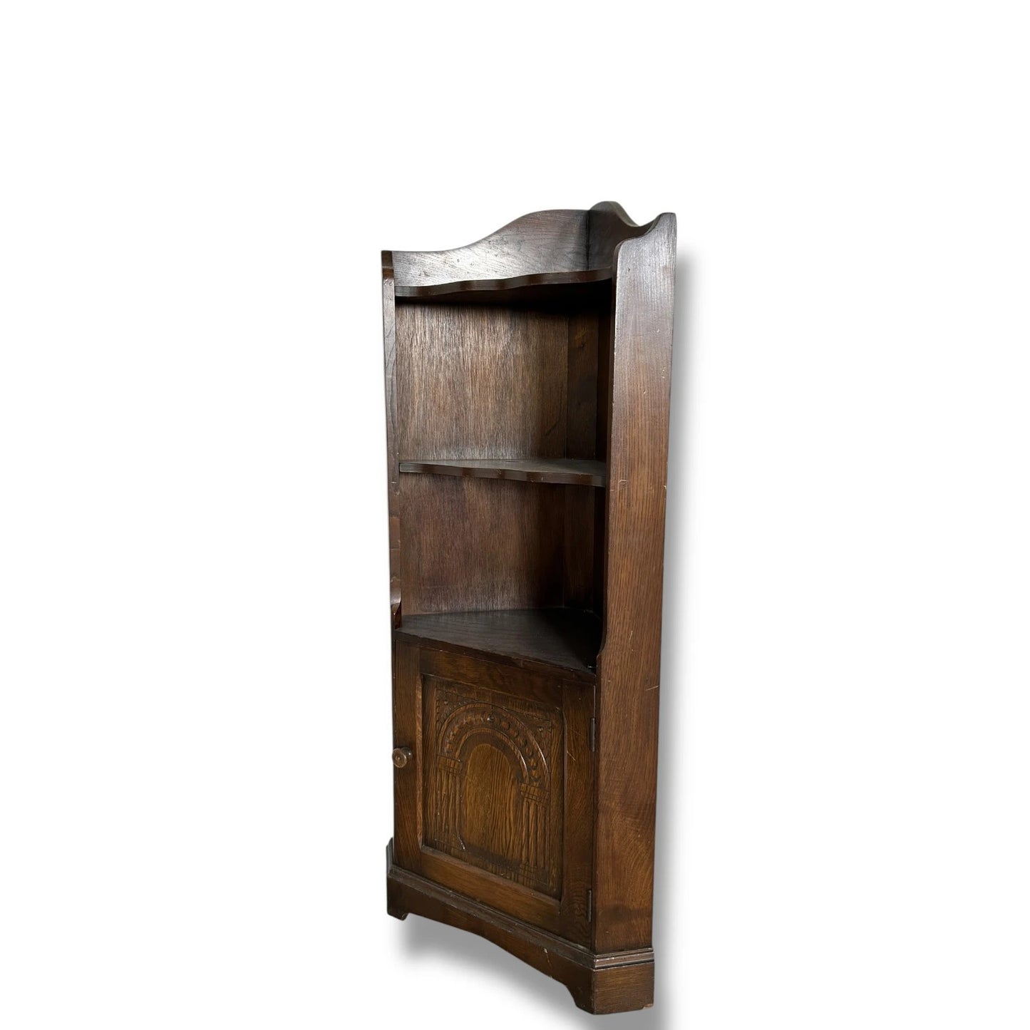 Antique Dark Oak Wood Corner Cabinet Shelving Unit