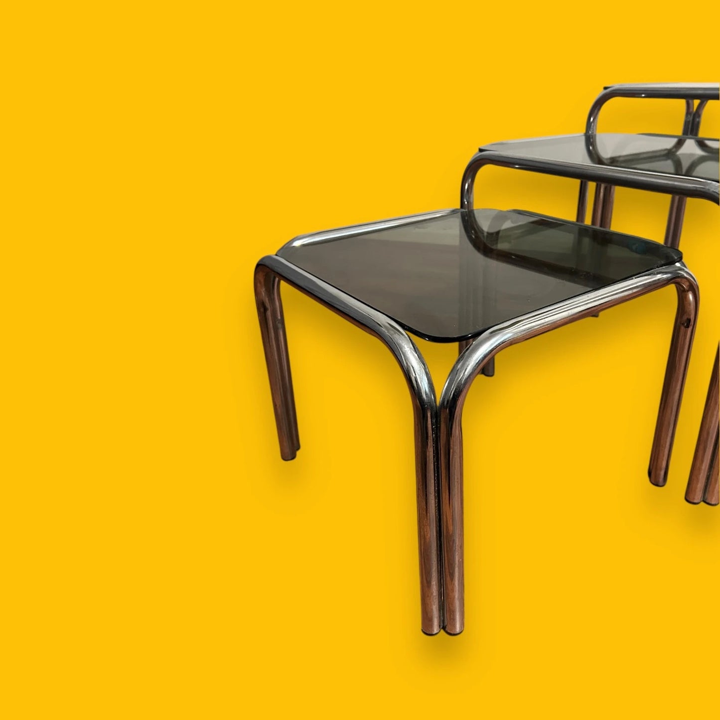 Mid Century Smoked Glass and Chrome Nest of Tables