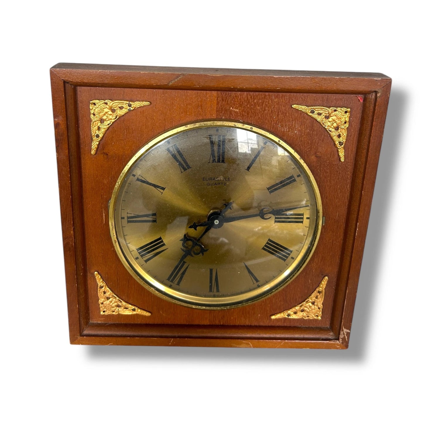 Mid Century Wood and Brass Square Wall Clock by Eurastyle