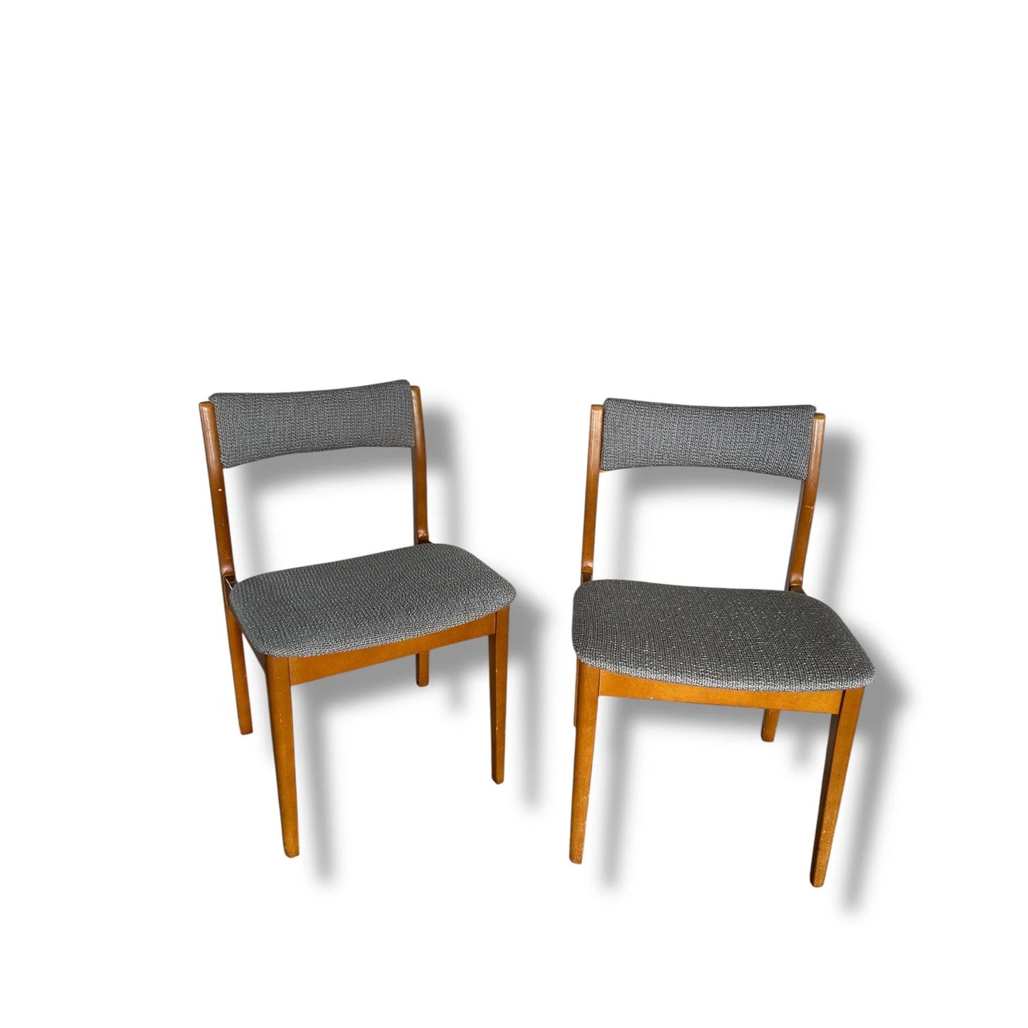 Pair of Mid Century Modern Dining Chairs – Vintage Wooden Frame Chairs with Grey Upholstered Seats