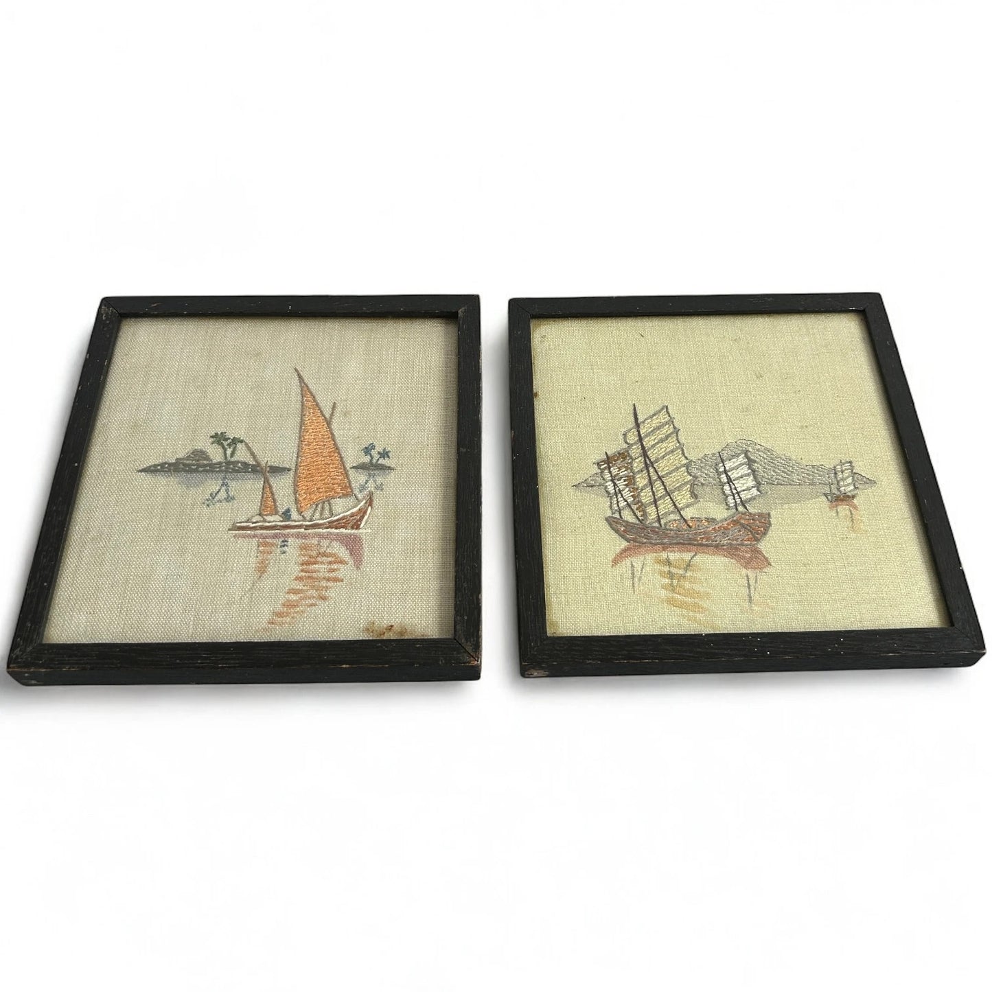 Mid Century Japanese Boats Handpainted Silk Paintings
