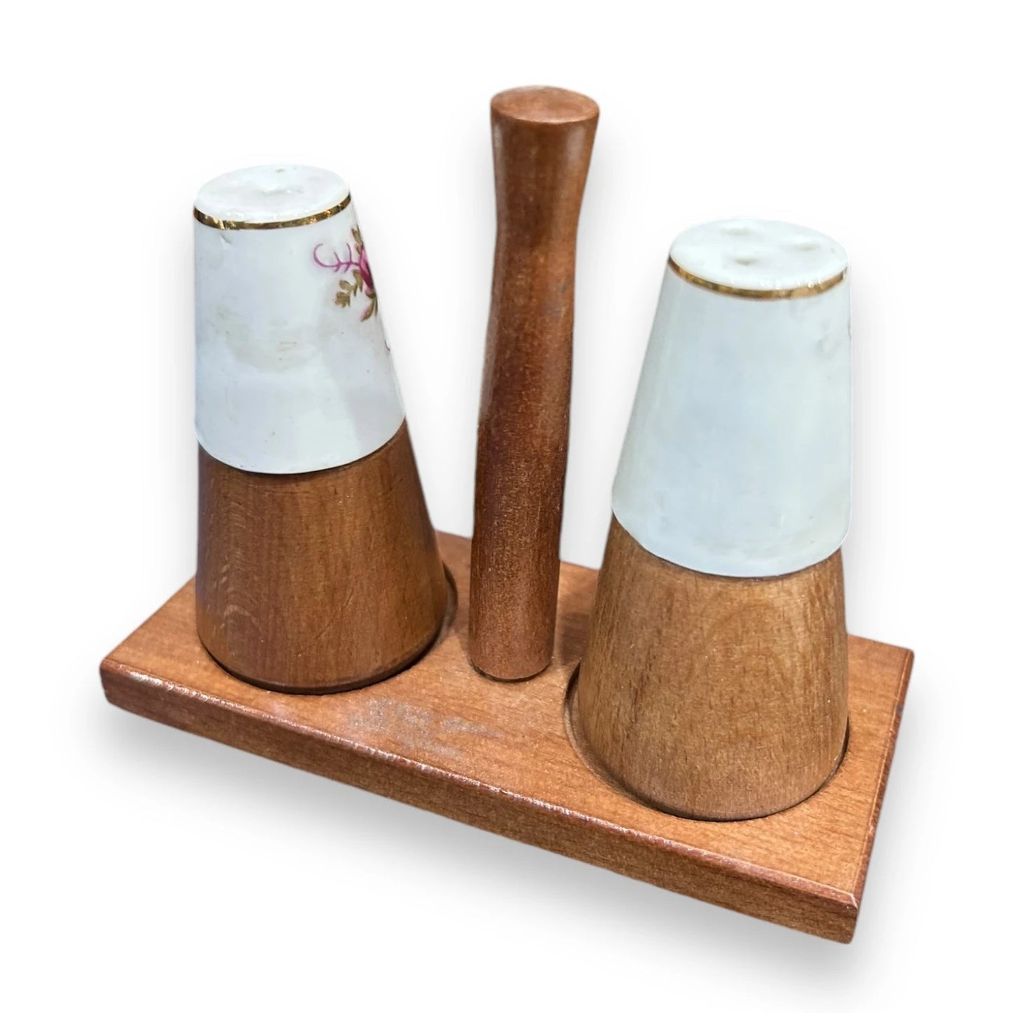 Mid century wood and porcelain salt and pepper shakers cruet set