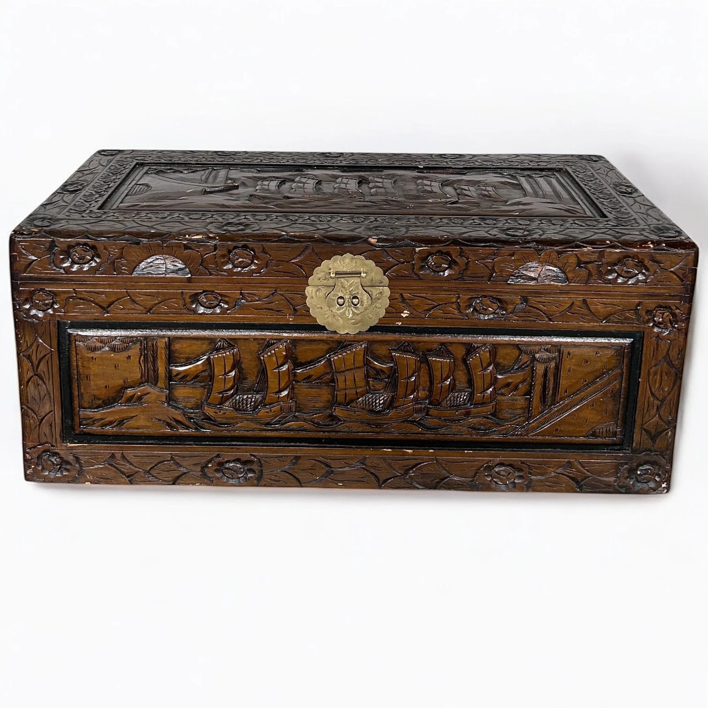 Mid Century Modern Chinese Camphor Wood Carved Storage Treasure Chest