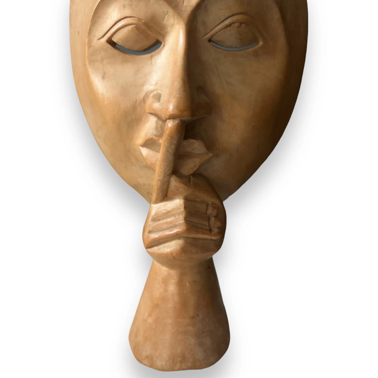 Vintage 1980s Mask of Silence Wood Sculpture