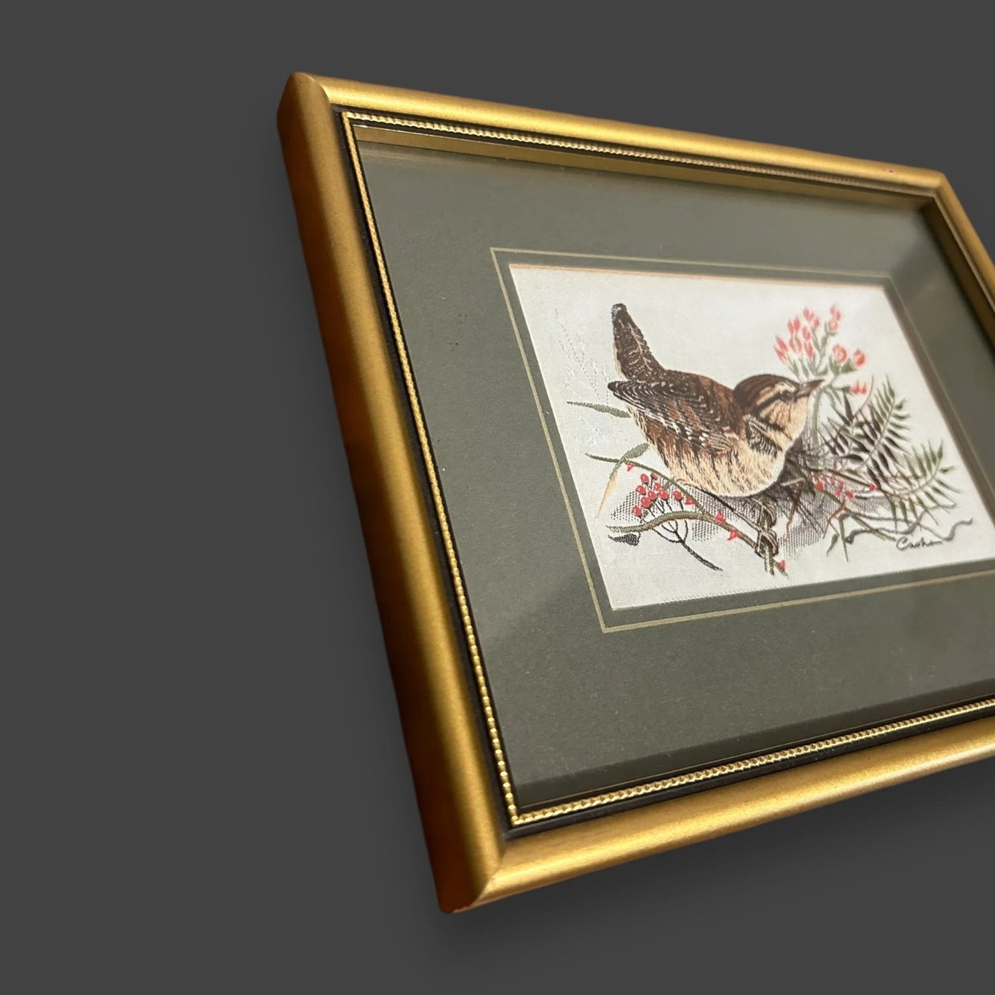 Vintage 1970s Wren Bird Silk Picture Frame