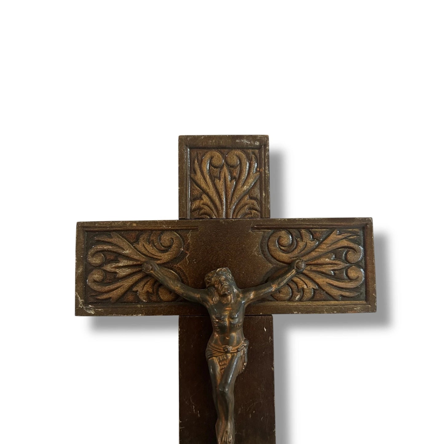 Vintage 1960s Carved Oak Wood Crucifix | Mid Century Jesus Christ Wall Cross