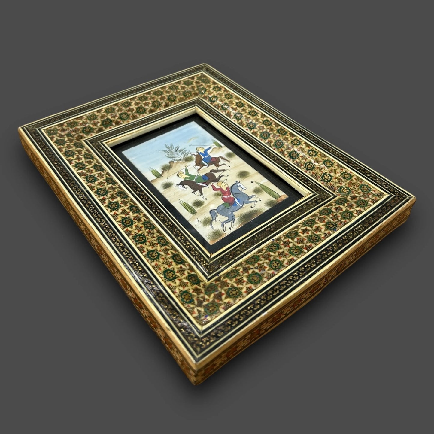 Vintage 1960s Persian Khatam Mosaic Framed Miniature Art Painting