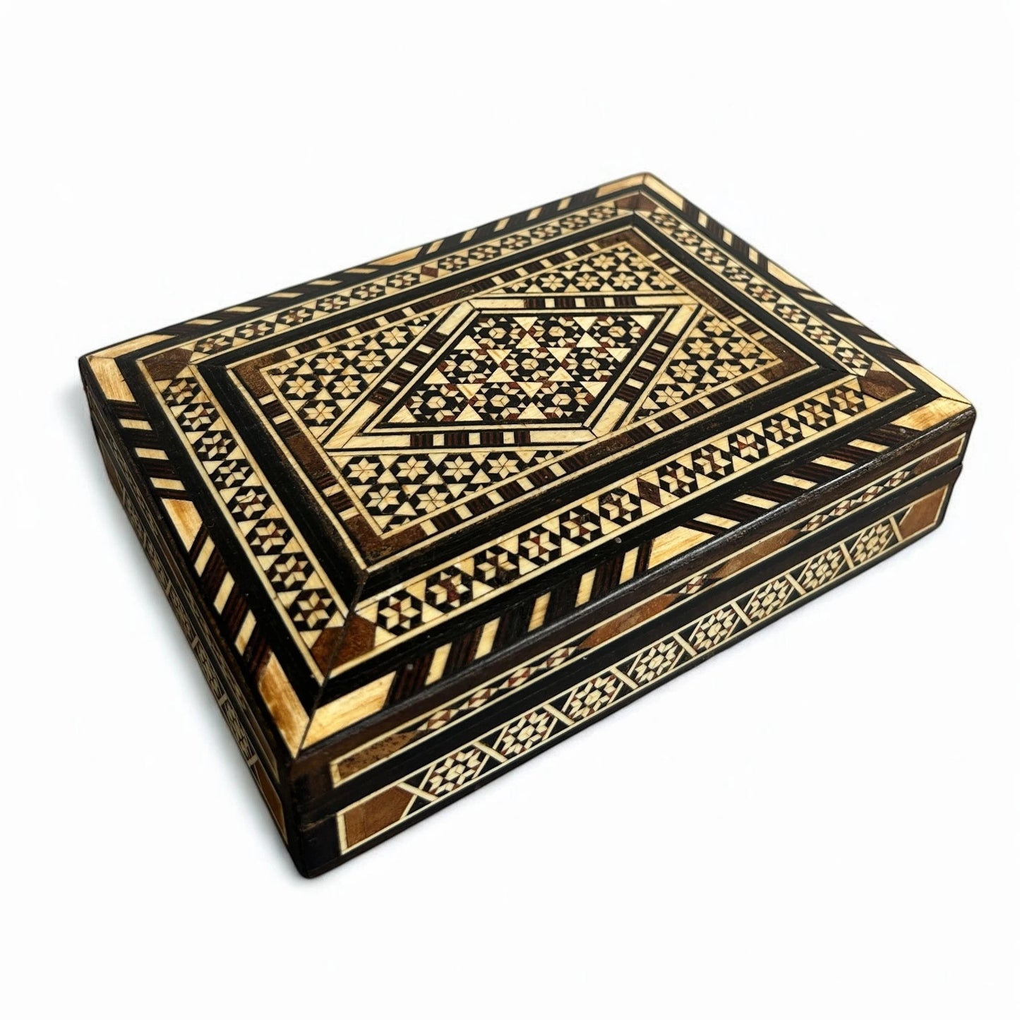 Mid Century Vintage Inlaid Wood Mosaic Handcrafted Jewellery Box
