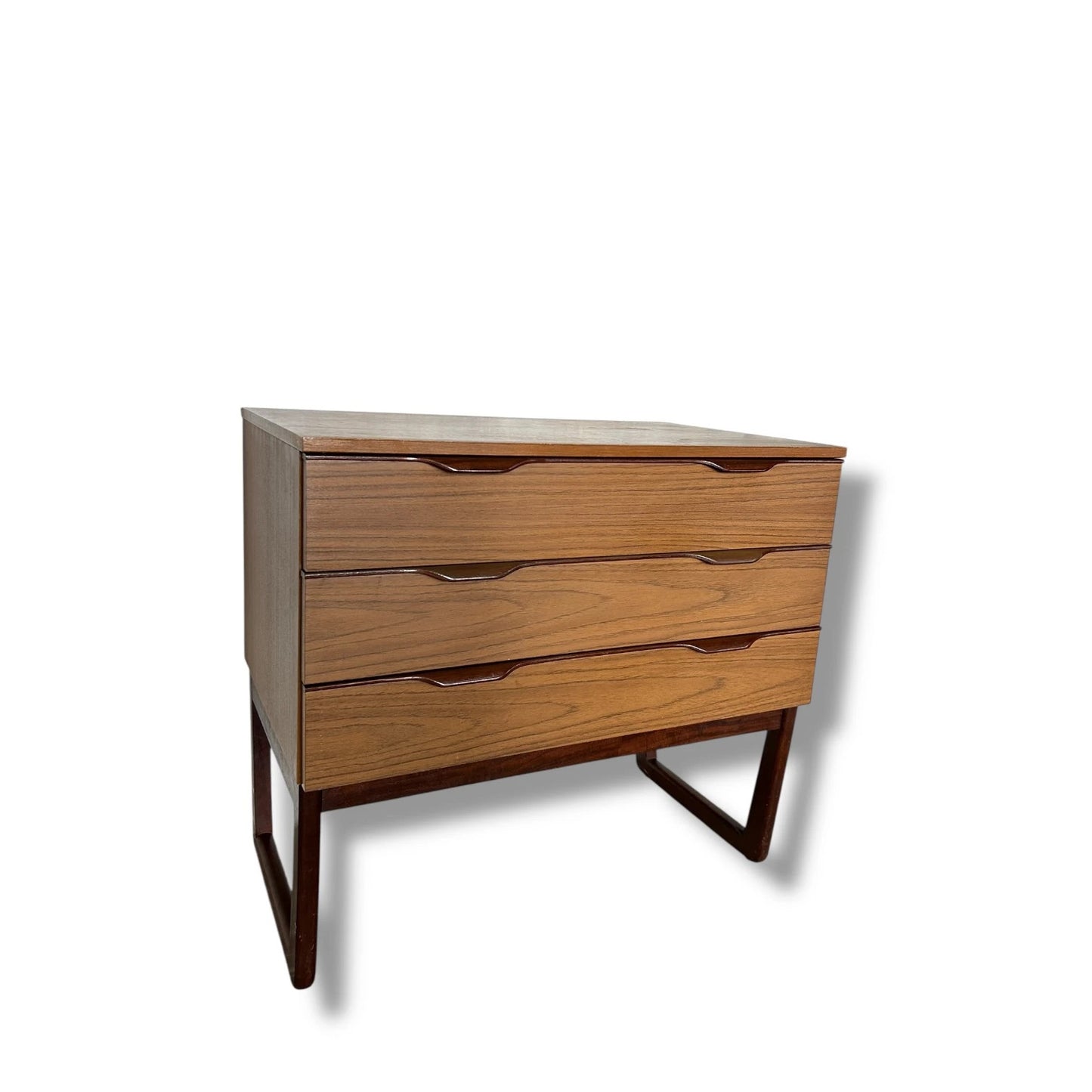 Mid Century Modern Europa Teak Chest of Drawers – 3 Wide Drawers on Sleigh Base