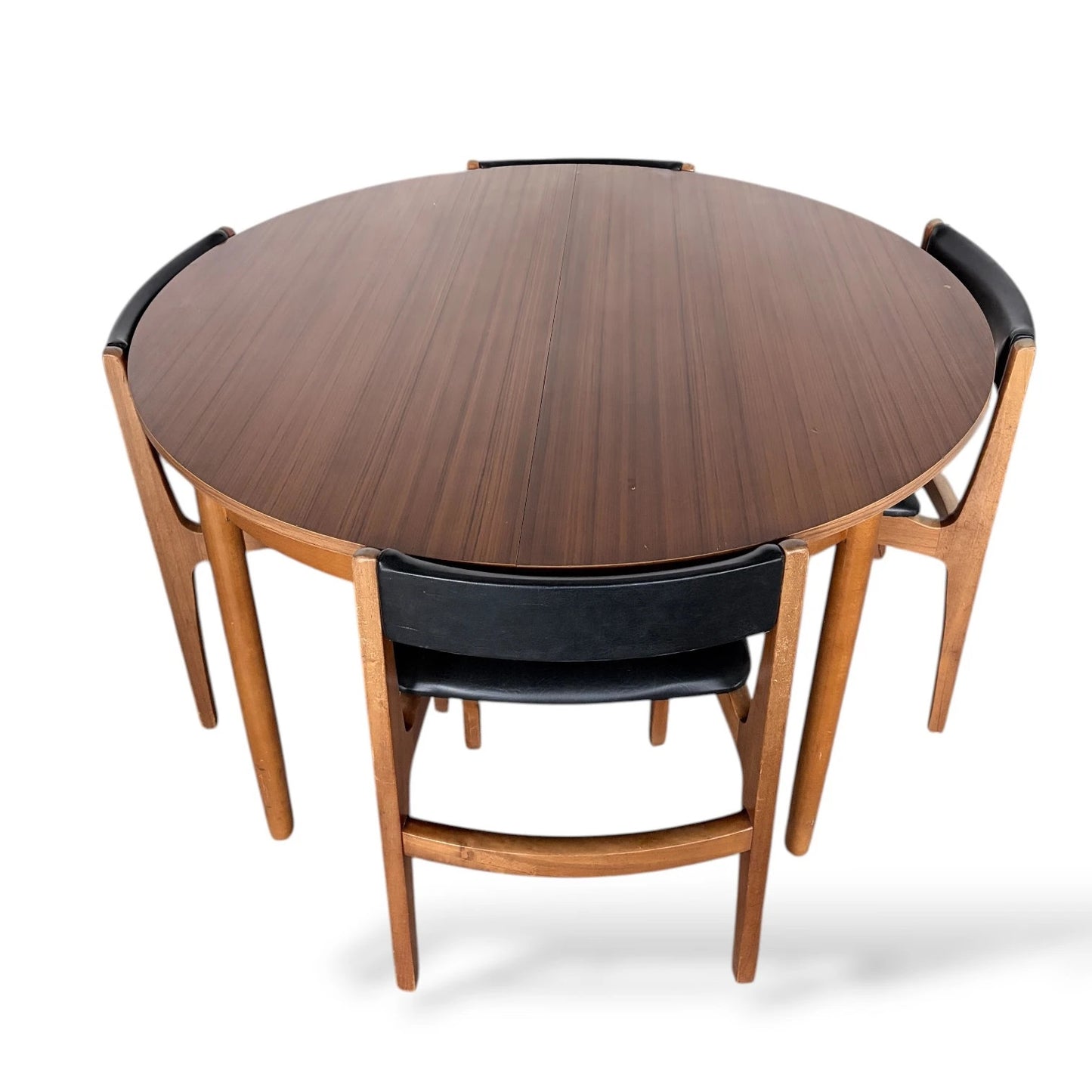 Mid-Century Nathan Teak Dining Table & 4 Chairs | Extendable Round to Oval Table