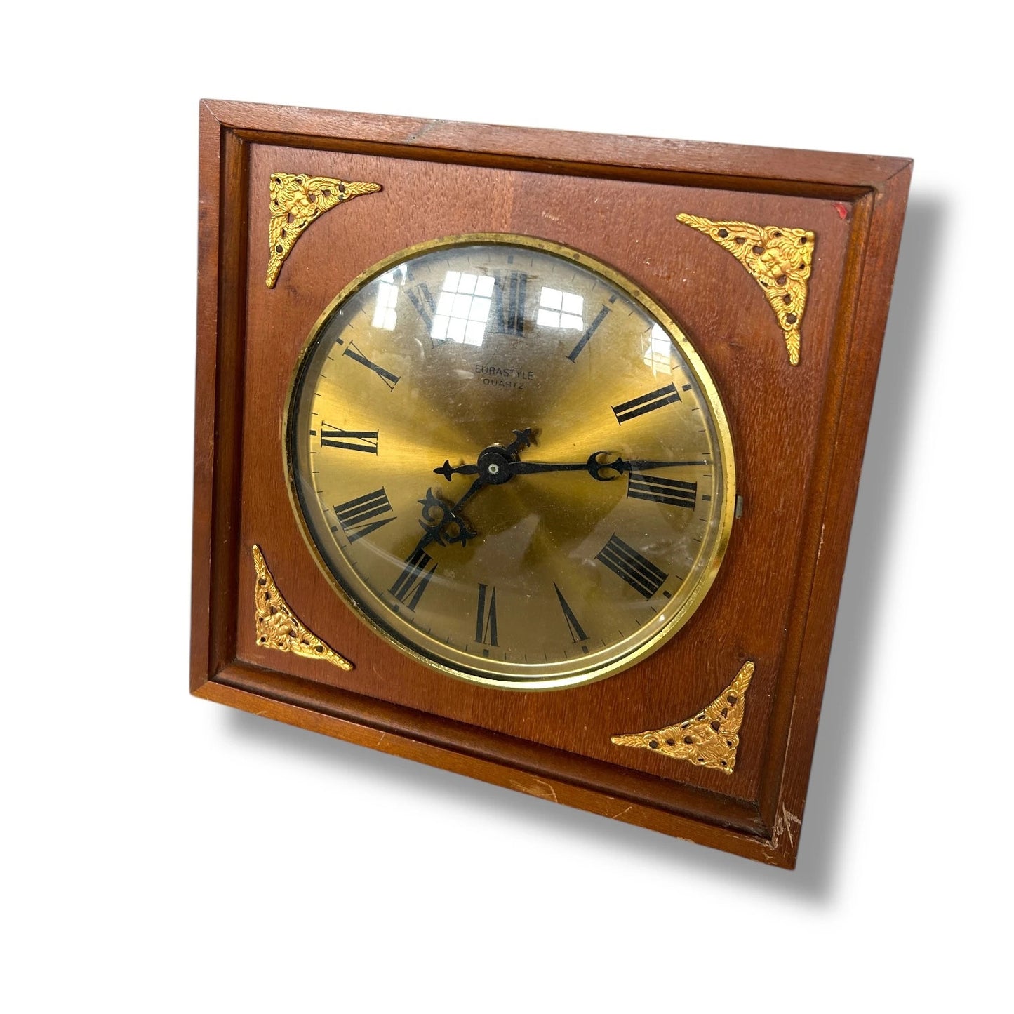 Mid Century Wood and Brass Square Wall Clock by Eurastyle